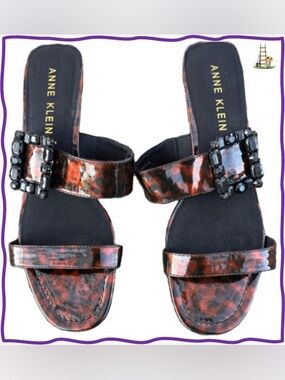 Anne Klein jeweled buckle slide sandals Tortoiseshell